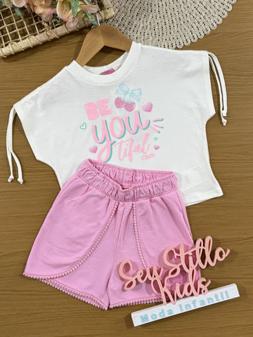 Conjunto Infantil Cinti Verão com Shorts Rosa e Blusa Branca Moranguinho
