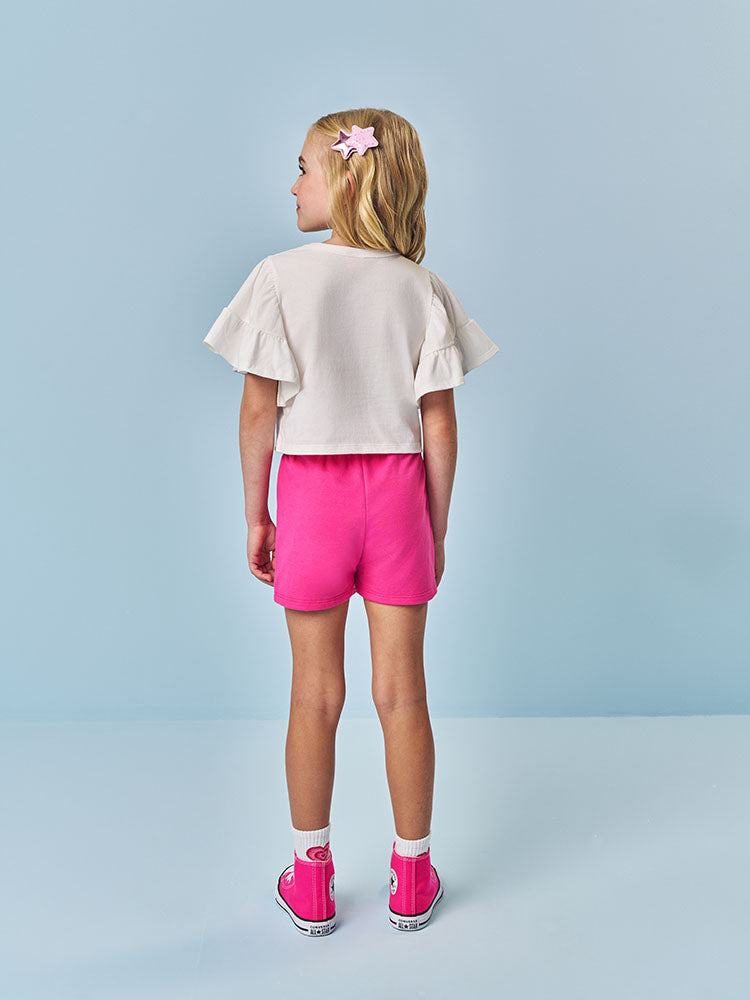 Conjunto Infantil Cinti Verão com Shorts Saia Rosa e Blusa Branca Coração Pompon