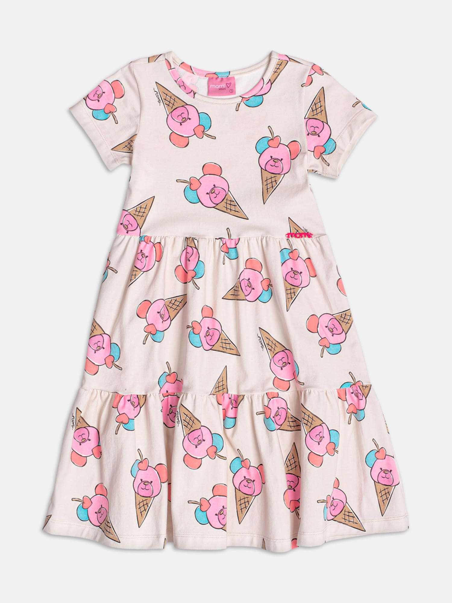 Vestido Infantil Momi Verão Bege Ursinho Sorvetinho