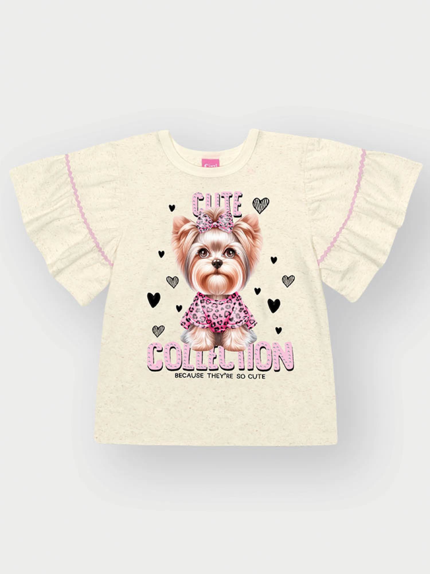 Conjunto Infantil Cinti Verão com Shorts Ciclista Preto e Blusa Off White Cachorrinha