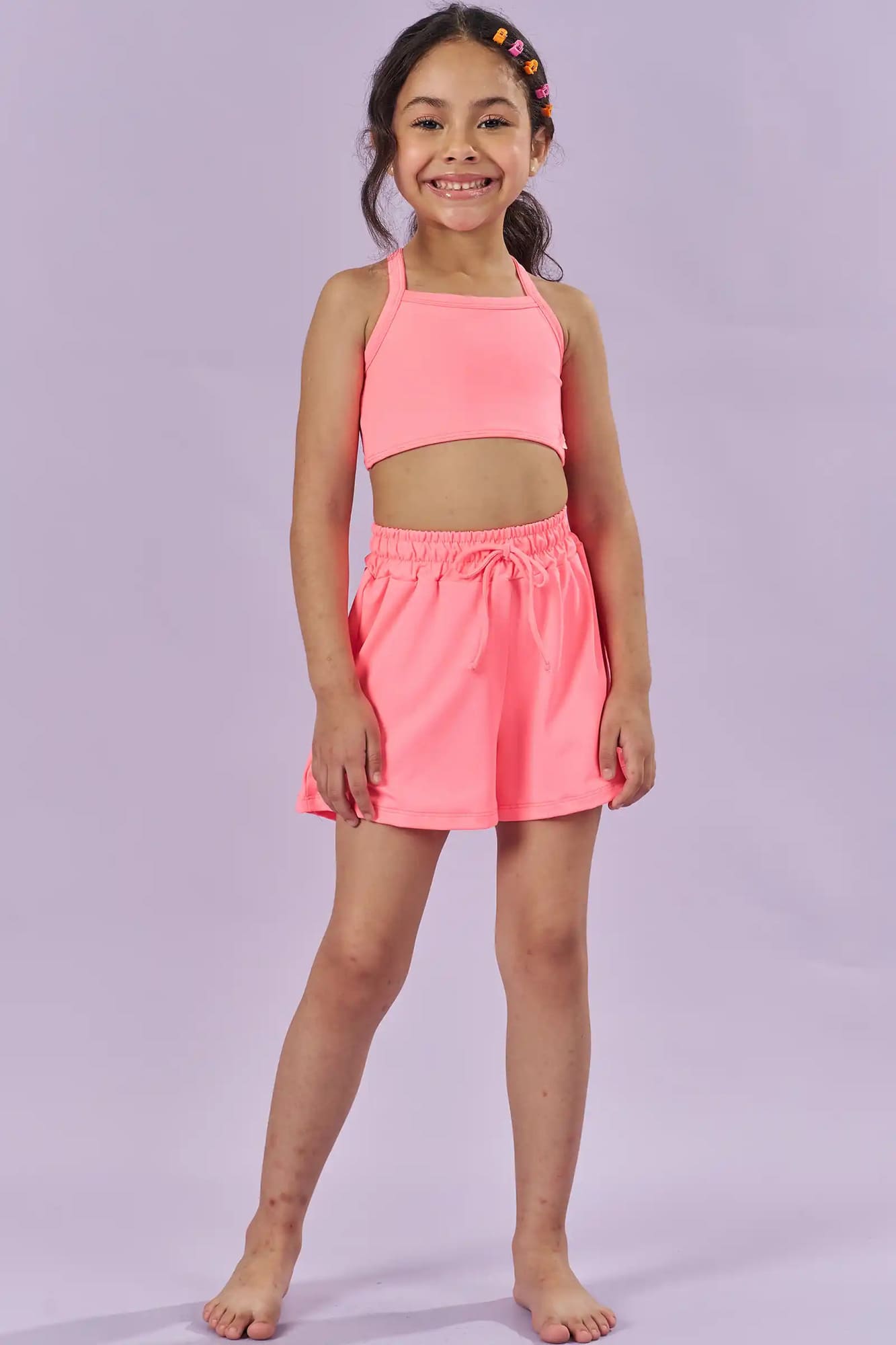 Shorts Infantil com Proteção Solar Kukiê Verão Rosa Neon