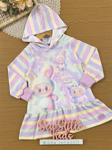 Vestido Infantil Cinti Inverno Colorido Labubu com Strass
