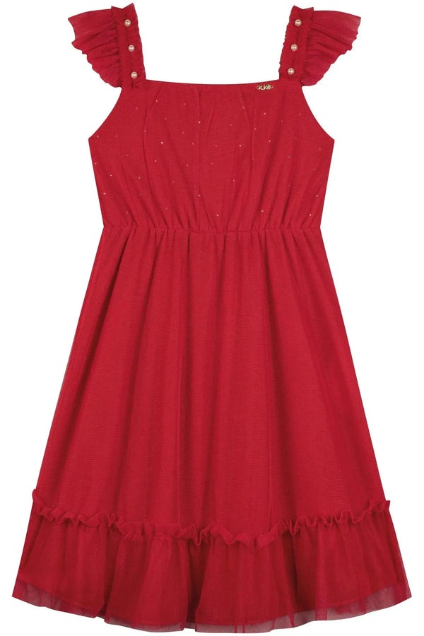 Vestido Infantil Kukiê Verão Vermelho com Tule e Strass