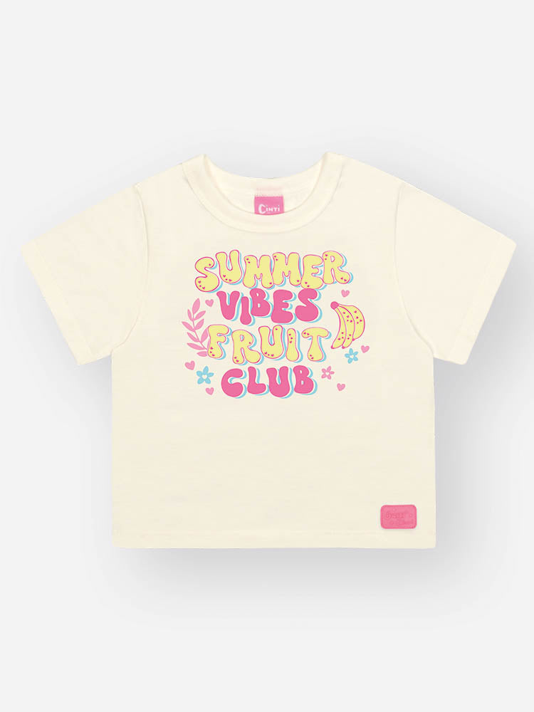 Conjunto Infantil Cinti Verão com Shorts Saia Colorido e Blusa Branca Frutinhas