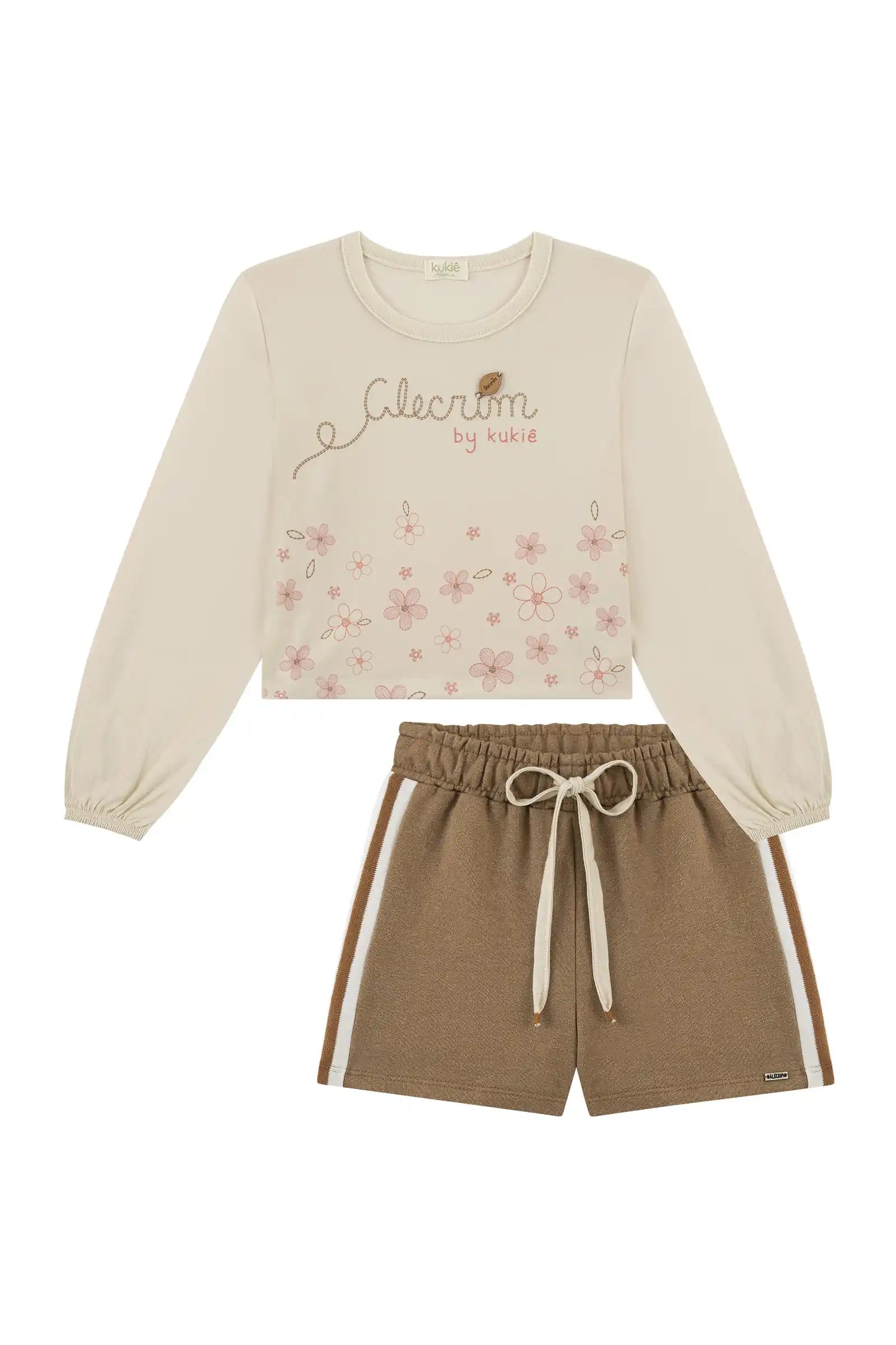 Conjunto Infantil Kukiê Inverno com Shorts Marrom e Blusa Manga Longa Florzinha