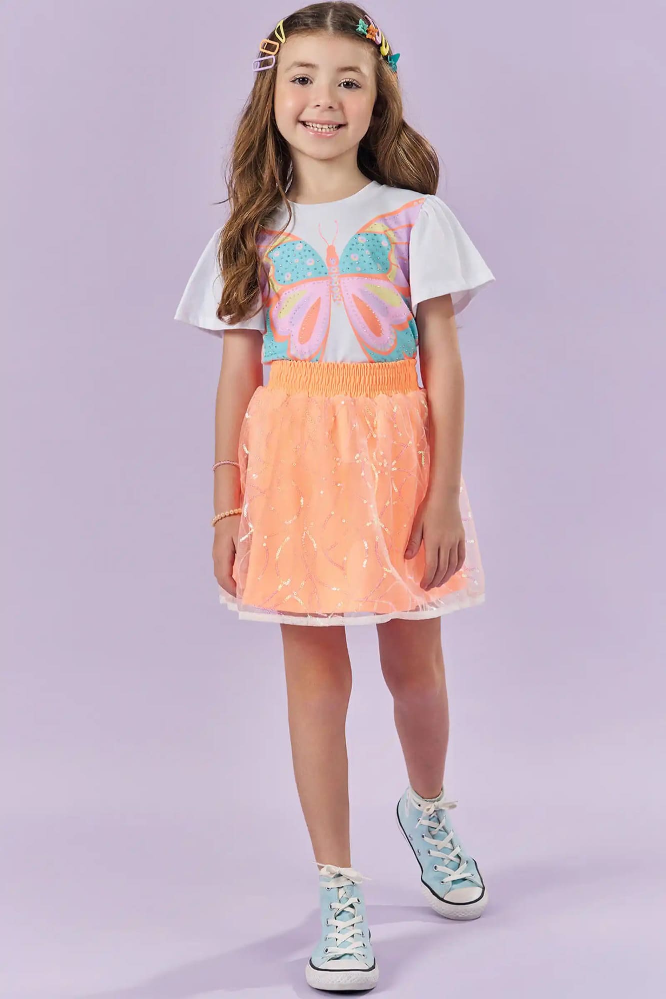 Conjunto Infantil Kukiê Verão com Saia Laranja e Blusa Branca Borboleta