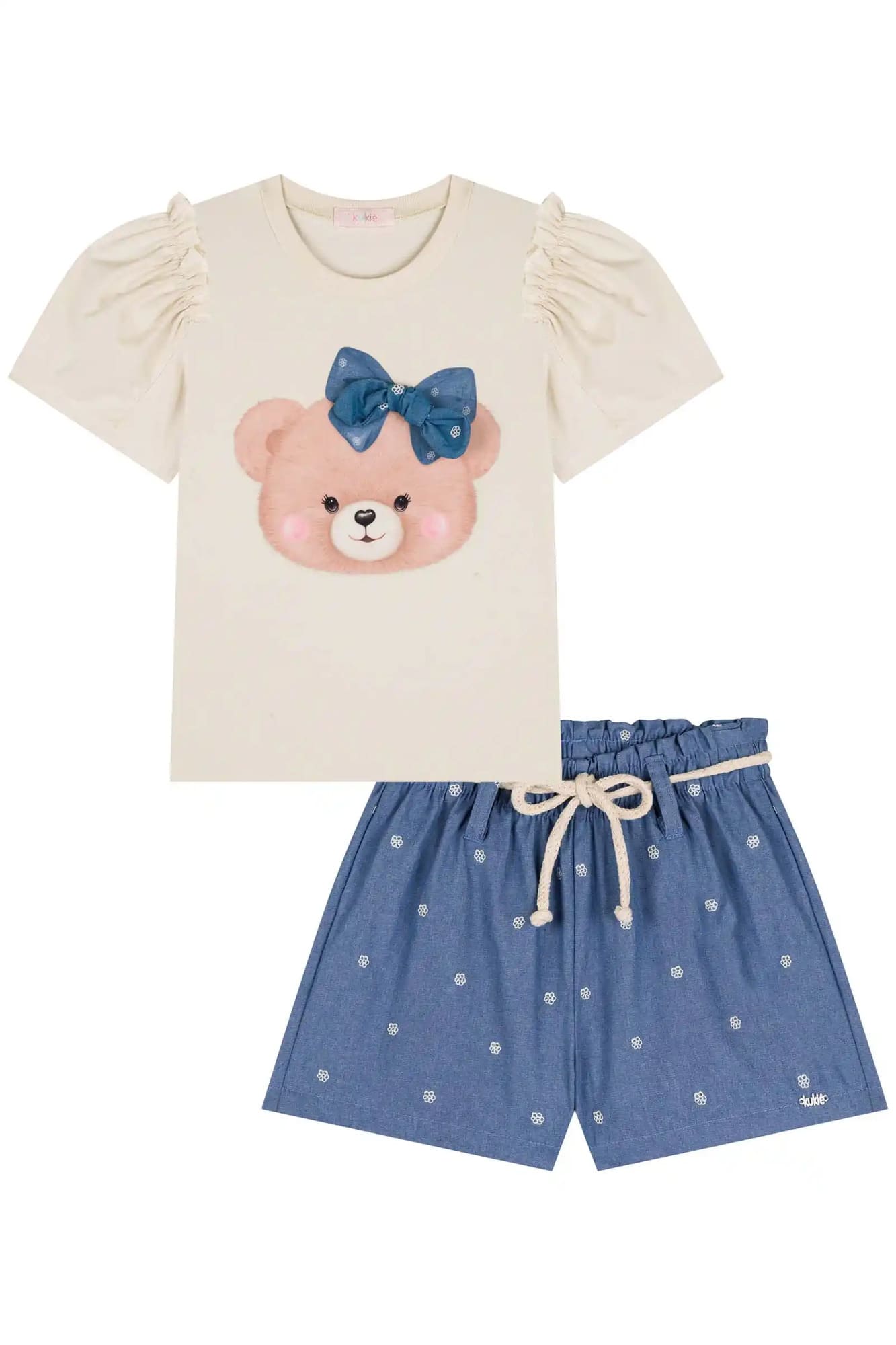 Conjunto Infantil Kukiê Verão com Shorts Jeans e Blusa Bege Ursinha