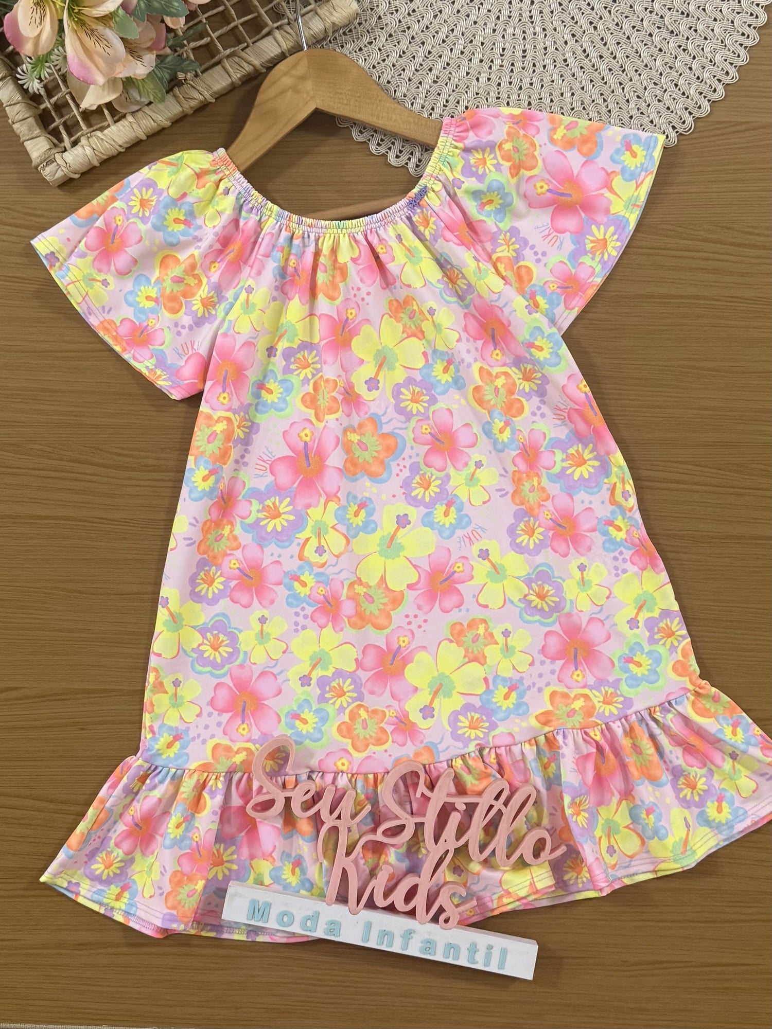 Vestido Infantil Kukiê Verão Rosa Flores Coloridas