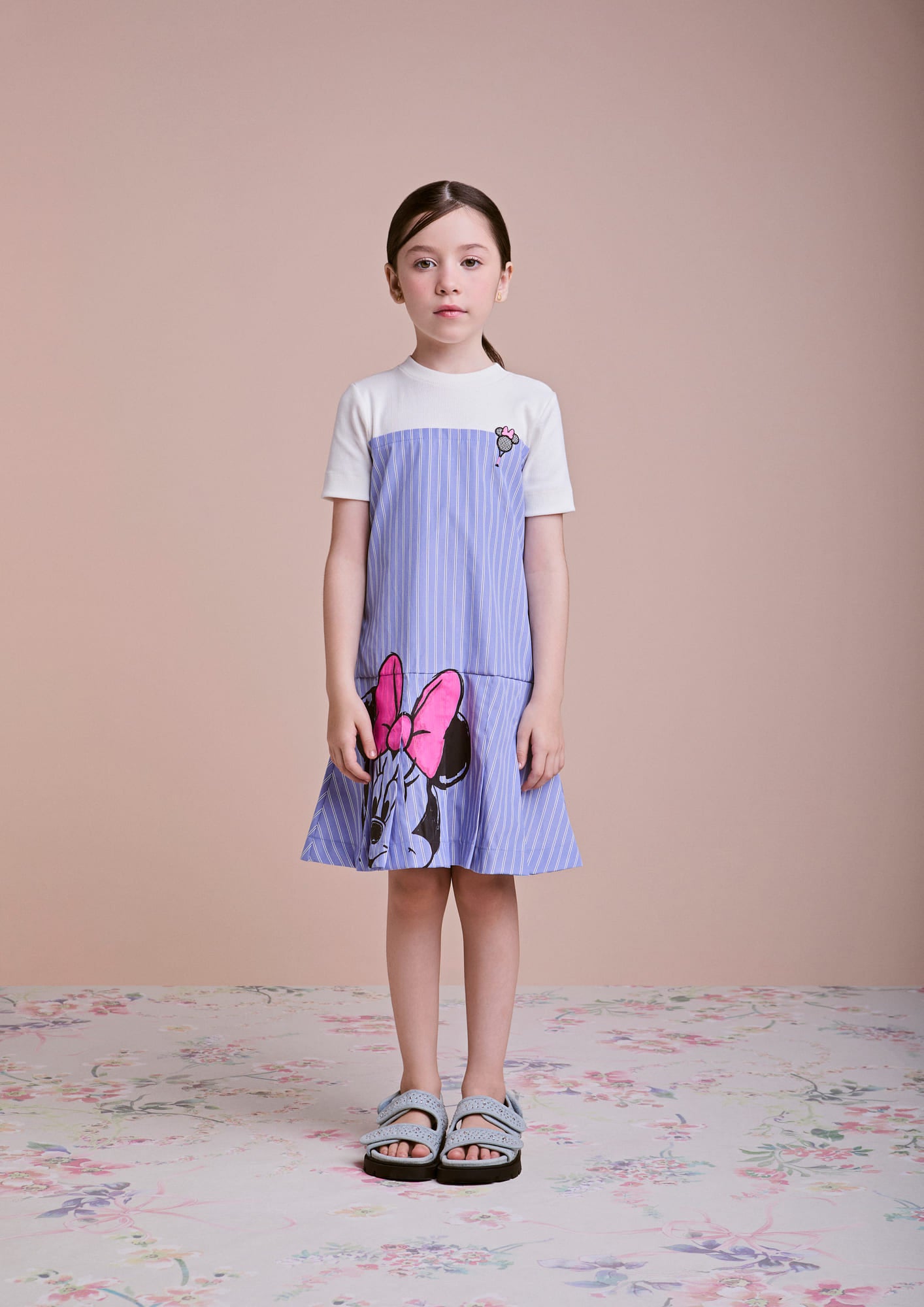 Vestido Infantil Animê Verão Azul Listrado Minnie Tênista Disney