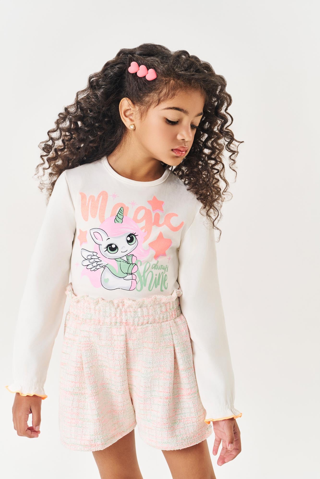 Conjunto Infantil Cinti Inverno Shorts Tweed E Blusa Unicórnio Laranja