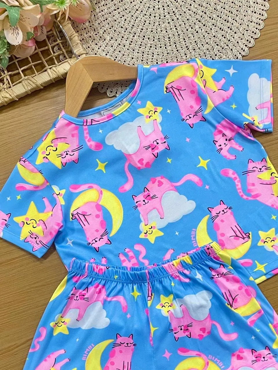 Pijama Infantil Menina Bimbi com Shorts e Blusa Azul Gatinhos