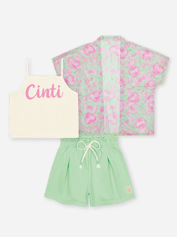 Conjunto Infantil Cinti Verão Shorts Verde, Blusa e Kimono Docinhos