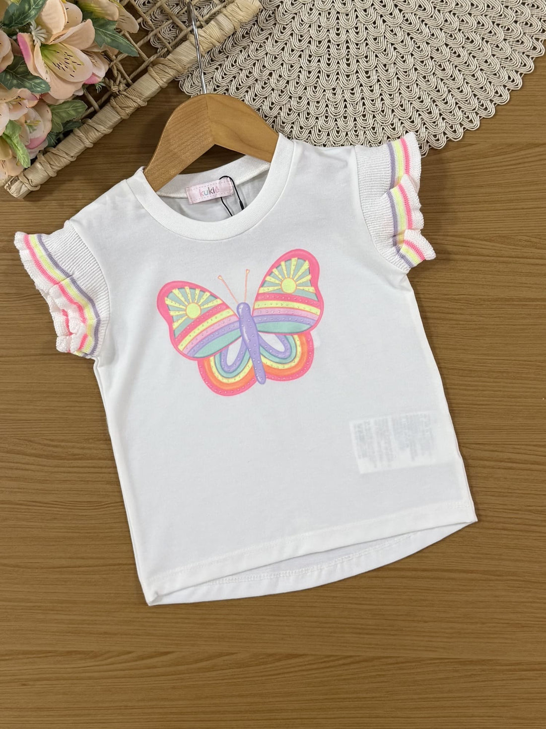 Conjunto Infantil Kukiê Verão com Shorts Saia Rosa e Blusa Branca Borboleta com Strass