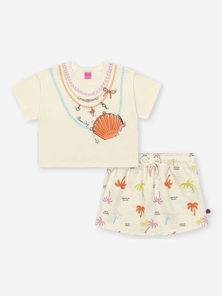 Conjunto Infantil Belime Verão com Shorts Saia Off White e Blusa Branca Acessórios 3D