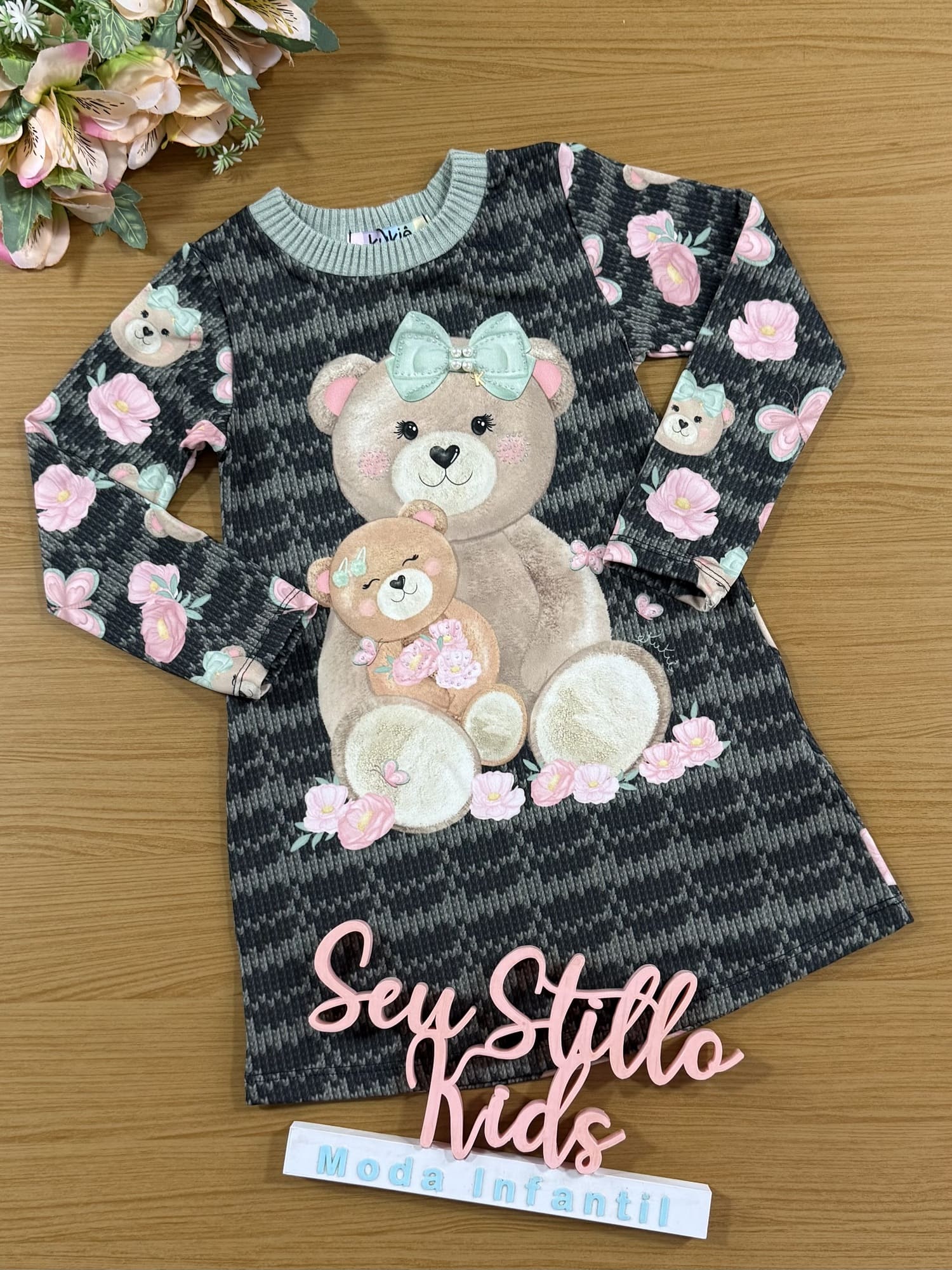 Vestido Infantil Kukie Inverno Verde Ursinha