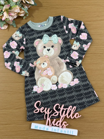 Vestido Infantil Kukie Inverno Verde Ursinha