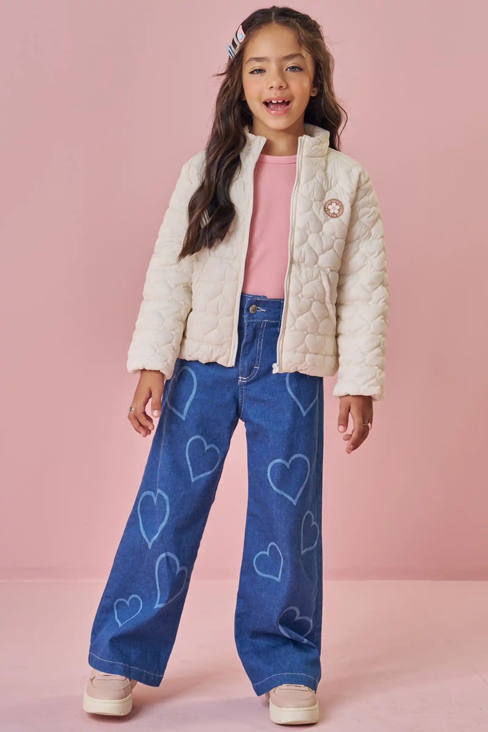 Jaqueta Infantil Kukiê Inverno Puffer Off White Corações