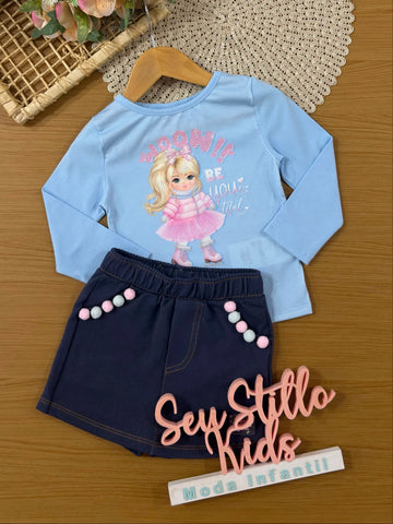 Conjunto Infantil Cinti Inverno com Shorts Saia e Blusa Manga Longa Azul Menininha