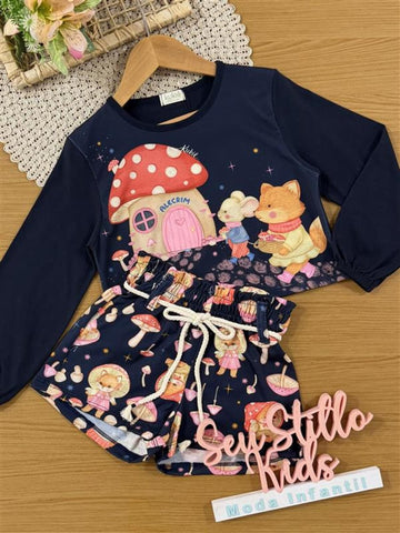Conjunto Infantil Kukiê Inverno com Shorts e Blusa Manga Longa Azul Marinho Casinha Cogumelo