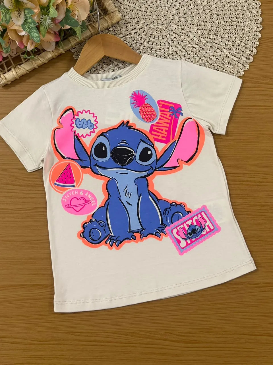 Conjunto Infantil Menina Bimbi Shorts Ciclista Listrado e Blusa Stitch Fruits Disney