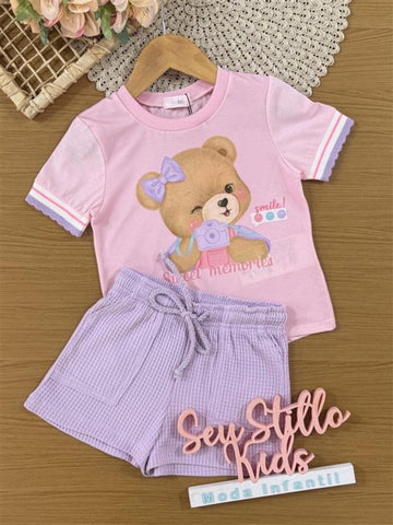 Conjunto Infantil Kukiê Verão com Shorts Lilás e Blusa Rosa Ursinha Fotografa