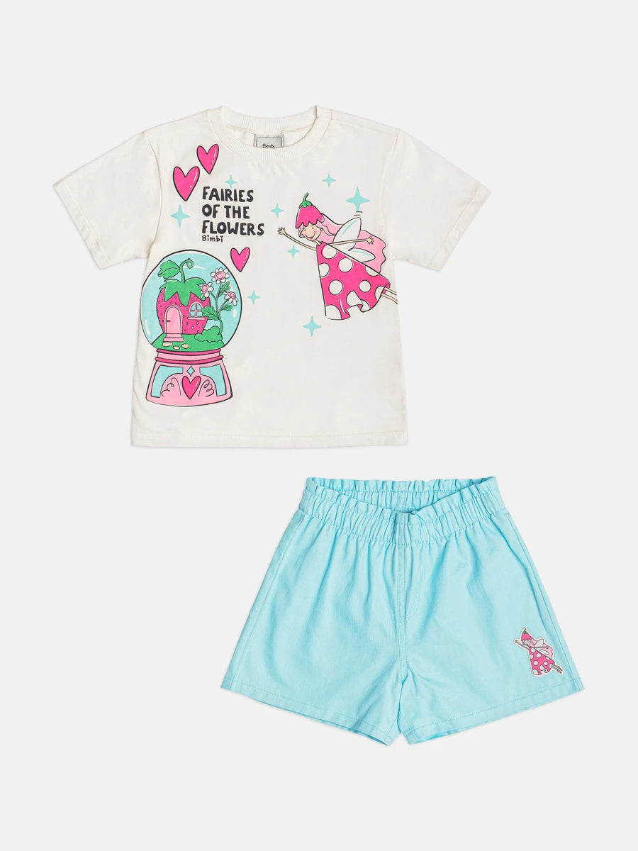 Conjunto Infantil Menina Bimbi Shorts Azul e Blusa Fadinha