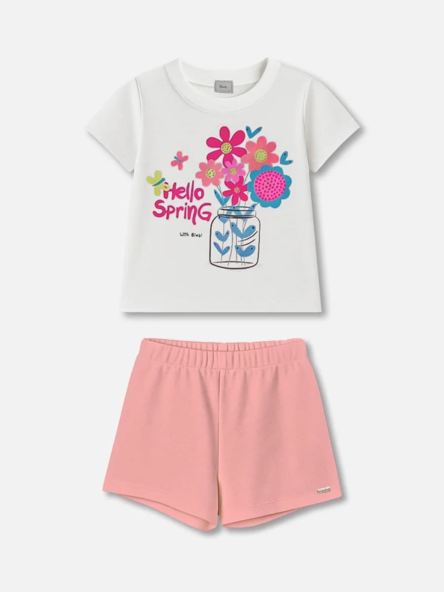 Conjunto Infantil Bimbi Verão com Short Coral e Blusa Branca Floral Primavera