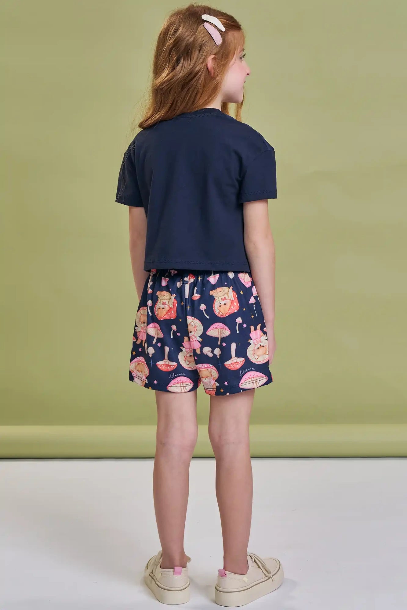 Conjunto Infantil Kukiê Inverno com Shorts e Blusa Manga Curta Azul Marinho Casinha Cogumelo