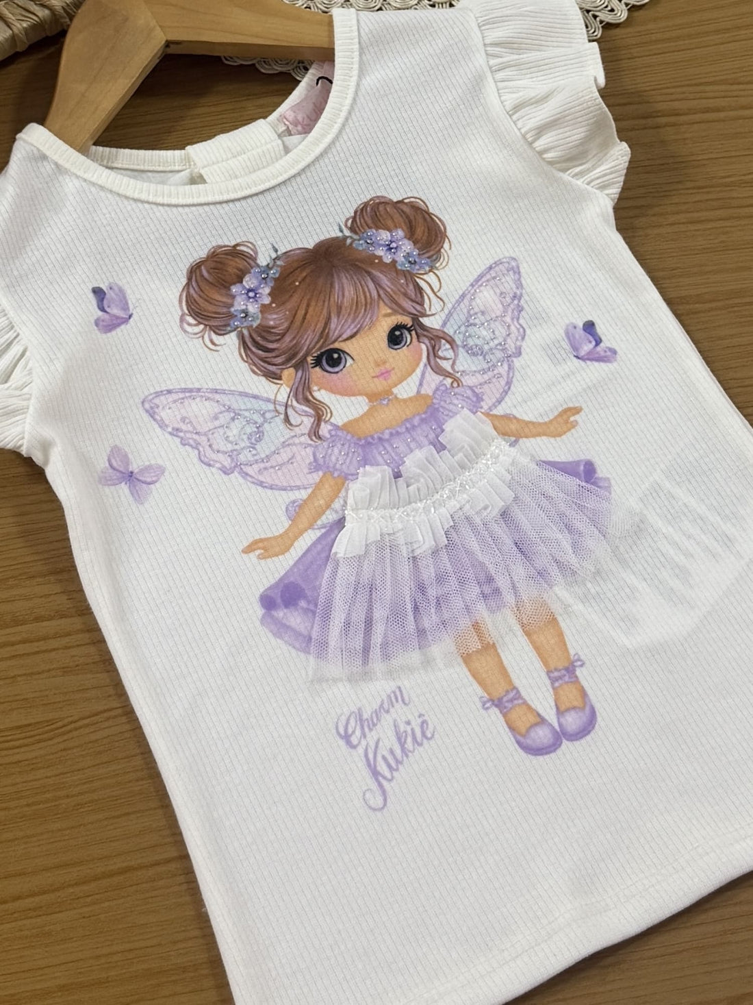 Conjunto Infantil Kukiê Verão com Shorts Saia Lilás e Blusa Branca Fadinha