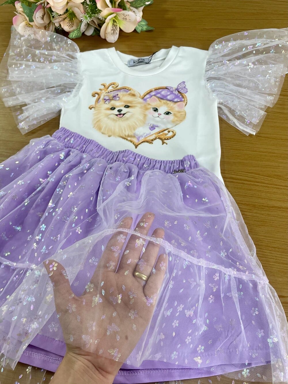 Conjunto Infantil Kukie Verão Com Saia e Blusa Gatinha e Cachorrinha