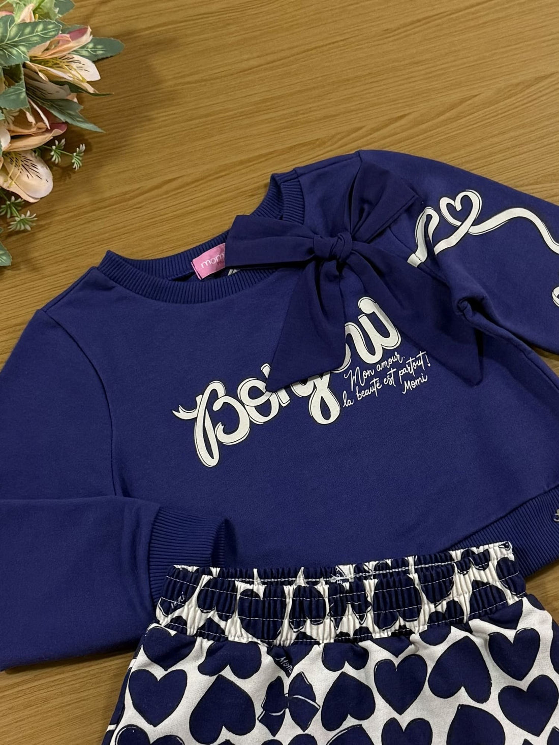 Conjunto Infantil Momi Inverno Short Saia e Casaco Azul com Laço