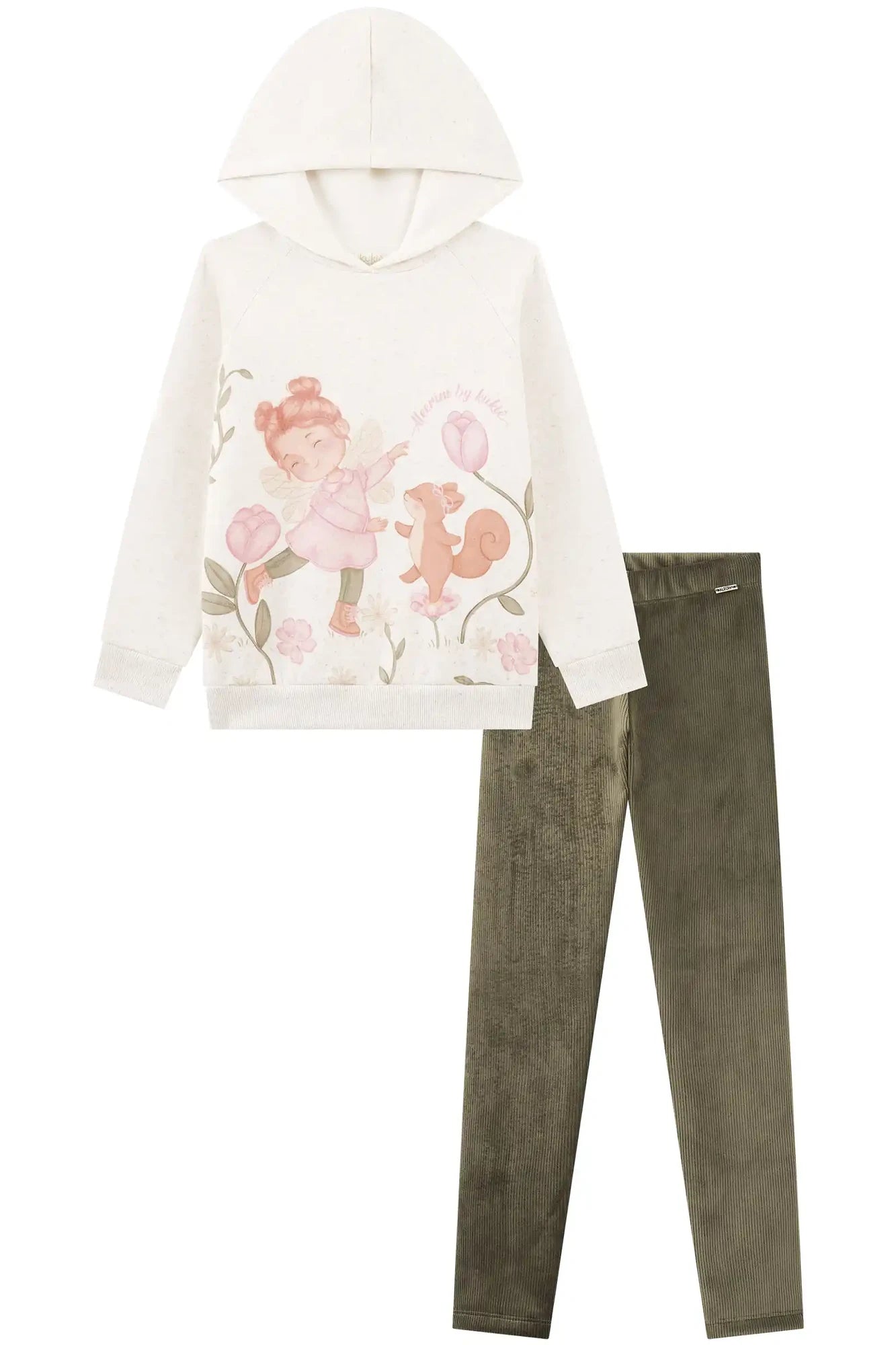 Conjunto Infantil Kukiê Inverno com Calça Legging Verde e Moletom Flanelado Fadinha