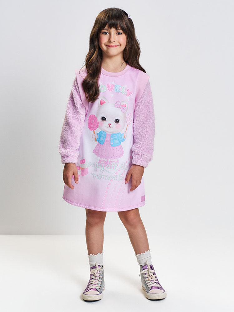 Vestido Infantil Cinti Inverno Flanelado Lilás Gatinha Lovely