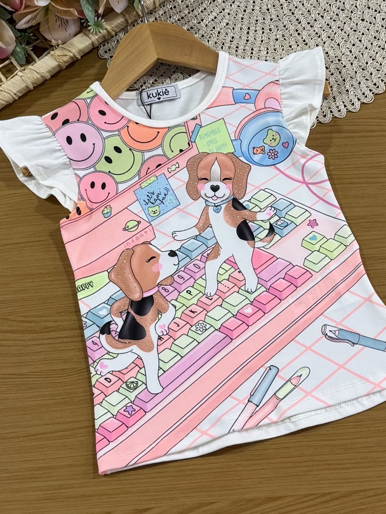 Conjunto Infantil Kukiê com Shorts Rosa e Blusa Manga Curta Cachorrinhos