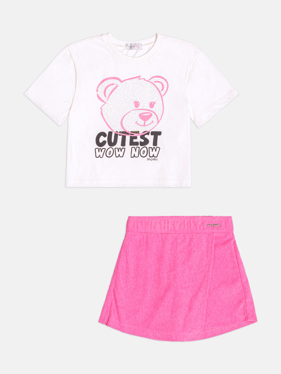 Conjunto Infantil Momi Inverno, Shorts Saia Rosa e Blusa Manga Curta Ursinha com Strass
