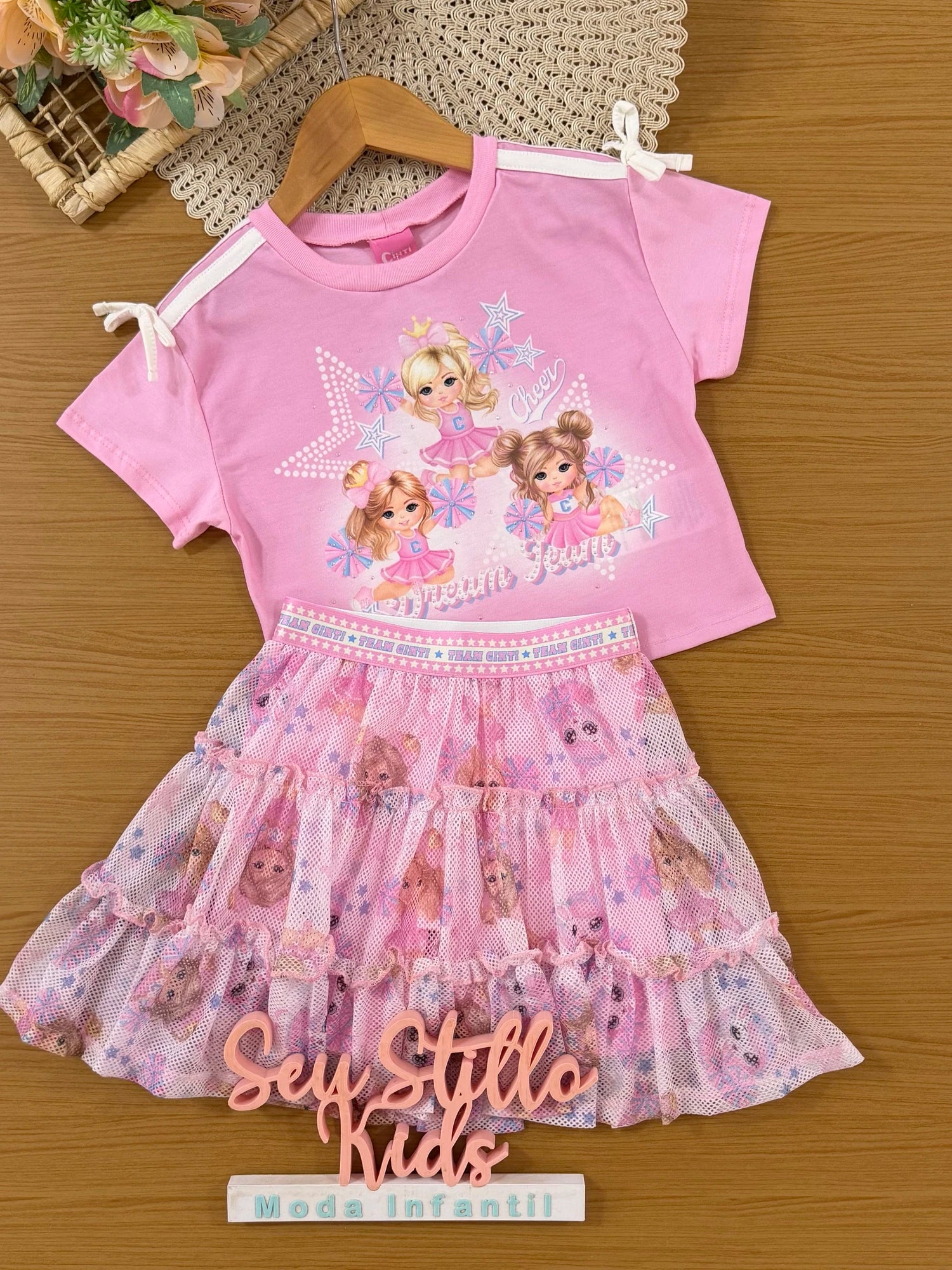 Conjunto Infantil Cinti Verão com Saia e Blusa Rosa Liders de Torcidas