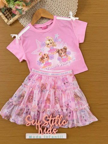 Conjunto Infantil Cinti Verão com Saia e Blusa Rosa Liders de Torcidas