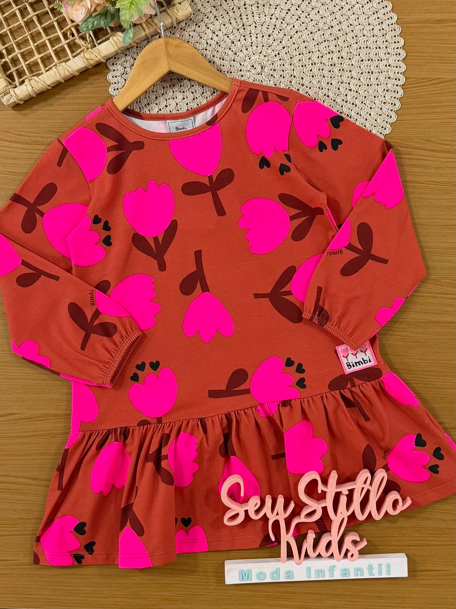 Vestido Infantil Bimbi Inverno Manga Longa Marrom Florzinhas
