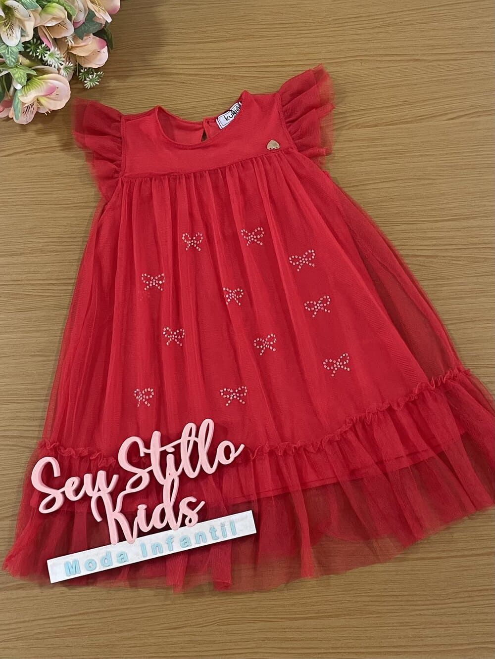 Vestido infantil Kukie Verão Vermelho Tule Lacinho
