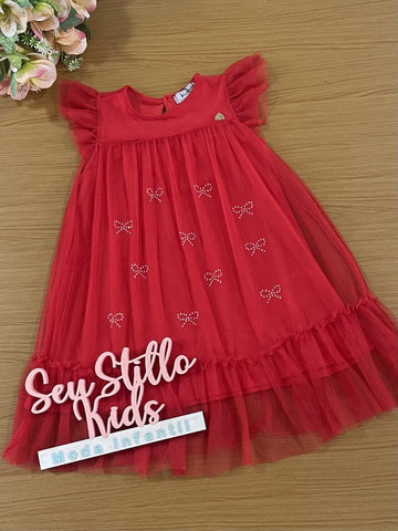 Vestido infantil Kukie Verão Vermelho Tule Lacinho