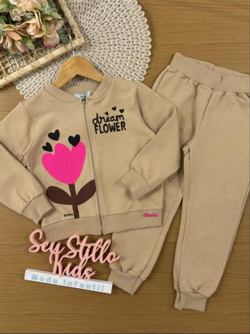 Conjunto Infantil Bimbi Inverno com Calça e Jaqueta sem Flanela Bege Flower