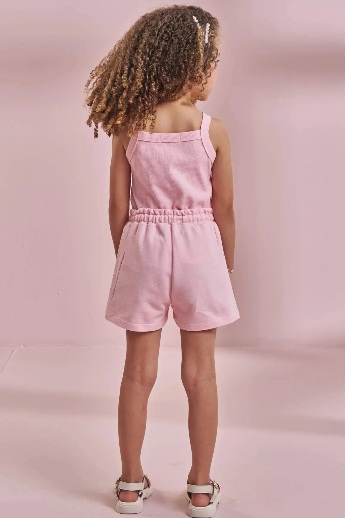 Conjunto Infantil Menina Kukiê com Shorts e Blusa Rosa Lacinho Pérolas