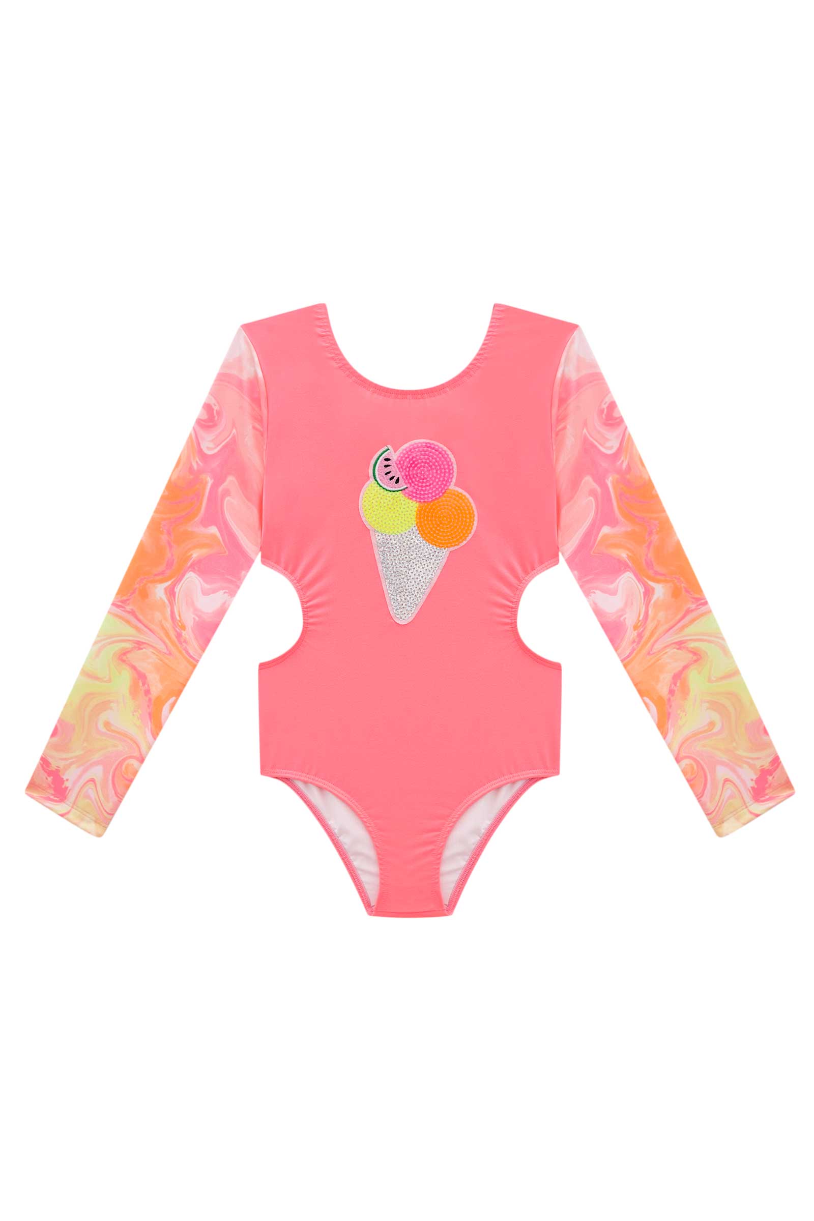 Maiô Infantil Kukie Verão Manga Longa Rosa Sorvete