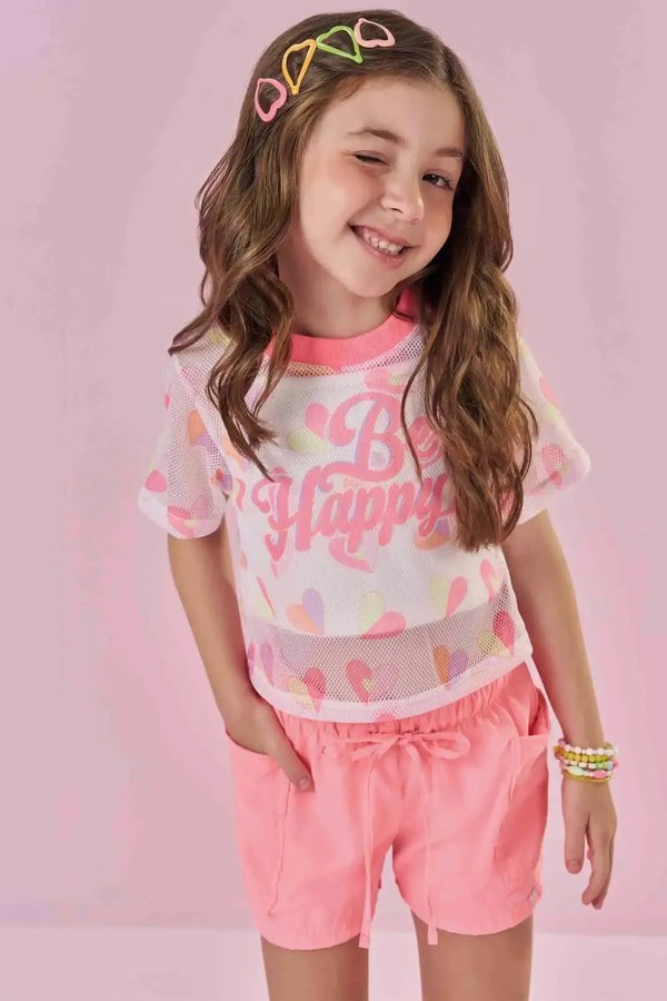 Conjunto Infantil Kukiê Verão, Shorts Rosa Top Branco e Sobreposição em Tela Corações