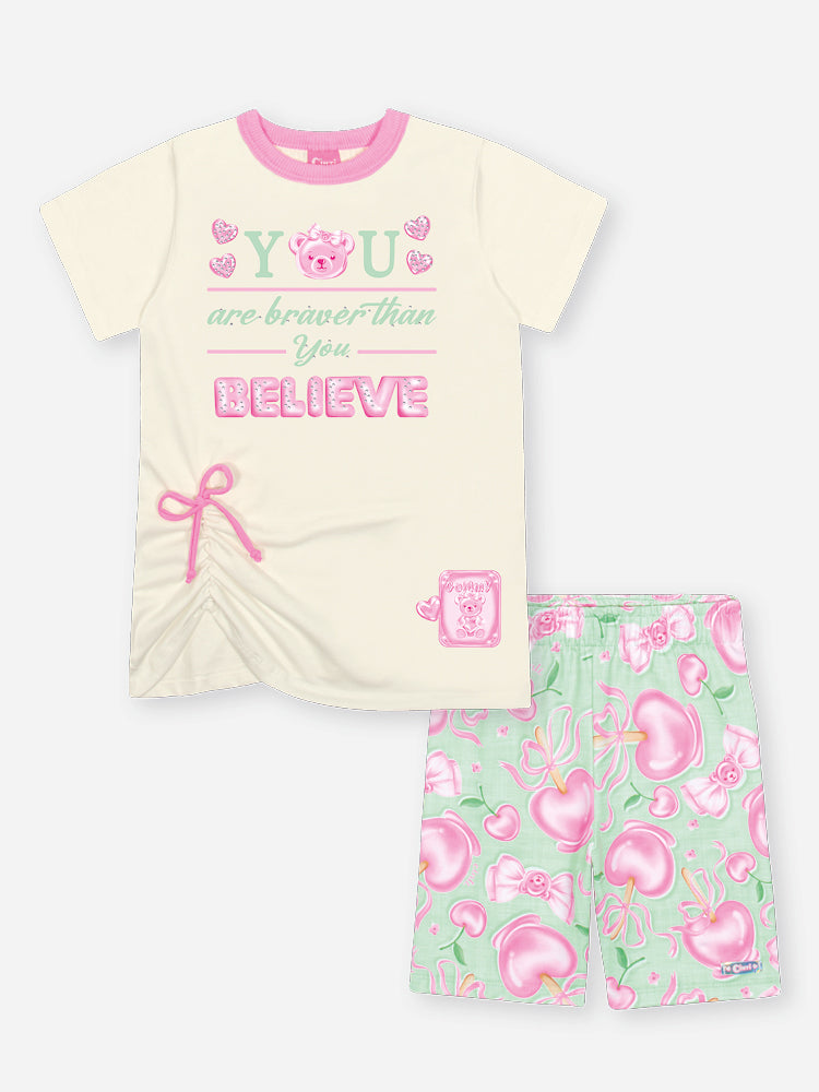 Conjunto Infantil Cinti Verão com Shorts Ciclista Verde e Blusa Branca Ursinha Believe