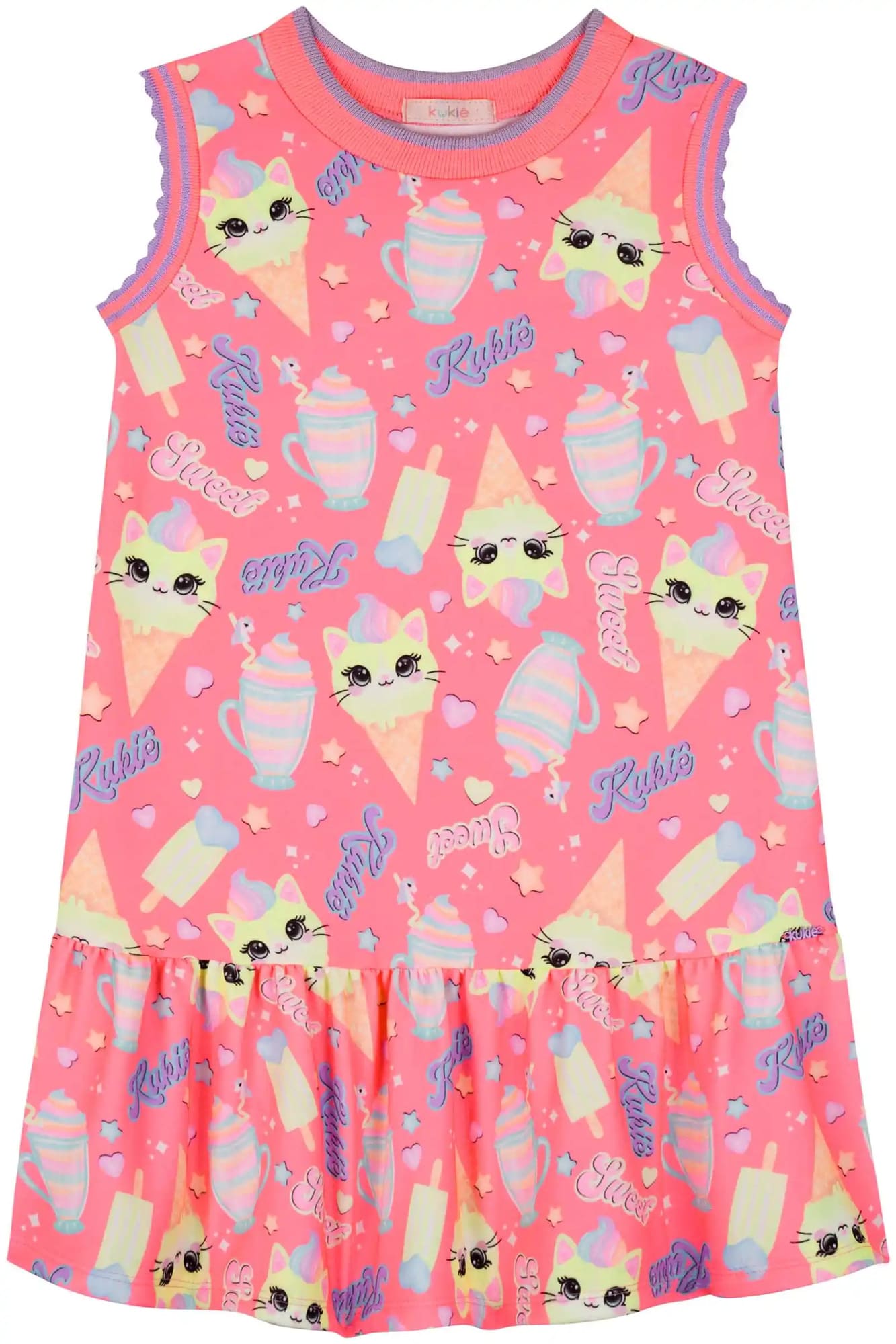 Vestido Infantil Kukiê Verão Rosa Gatinha Sorvete
