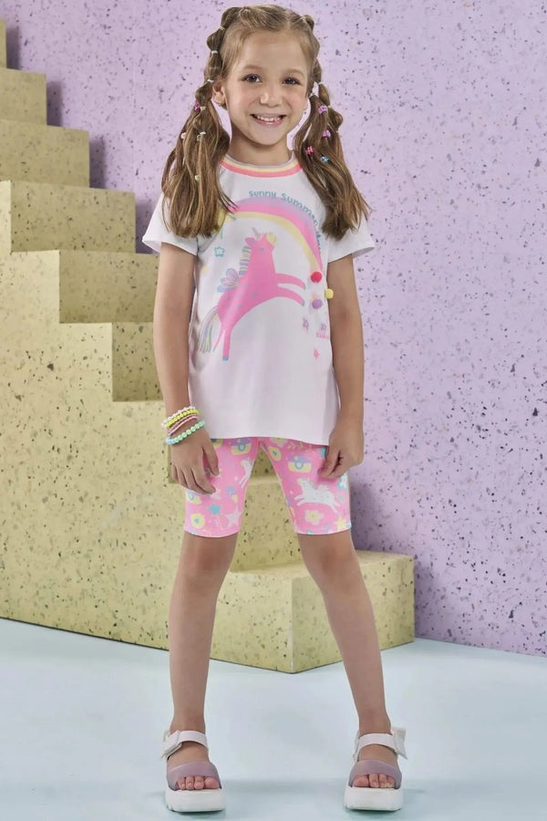 Blusa Infantil Kukiê Verão Branca Unicórnio Arco-íris