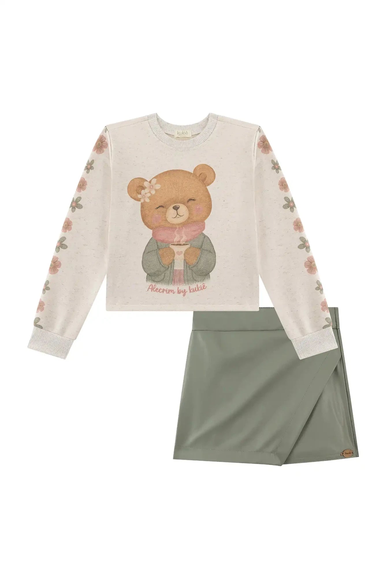 Conjunto Infantil Kukiê Inverno com Shorts Saia Verde e Moletom sem Flanela Ursinha Flozinha
