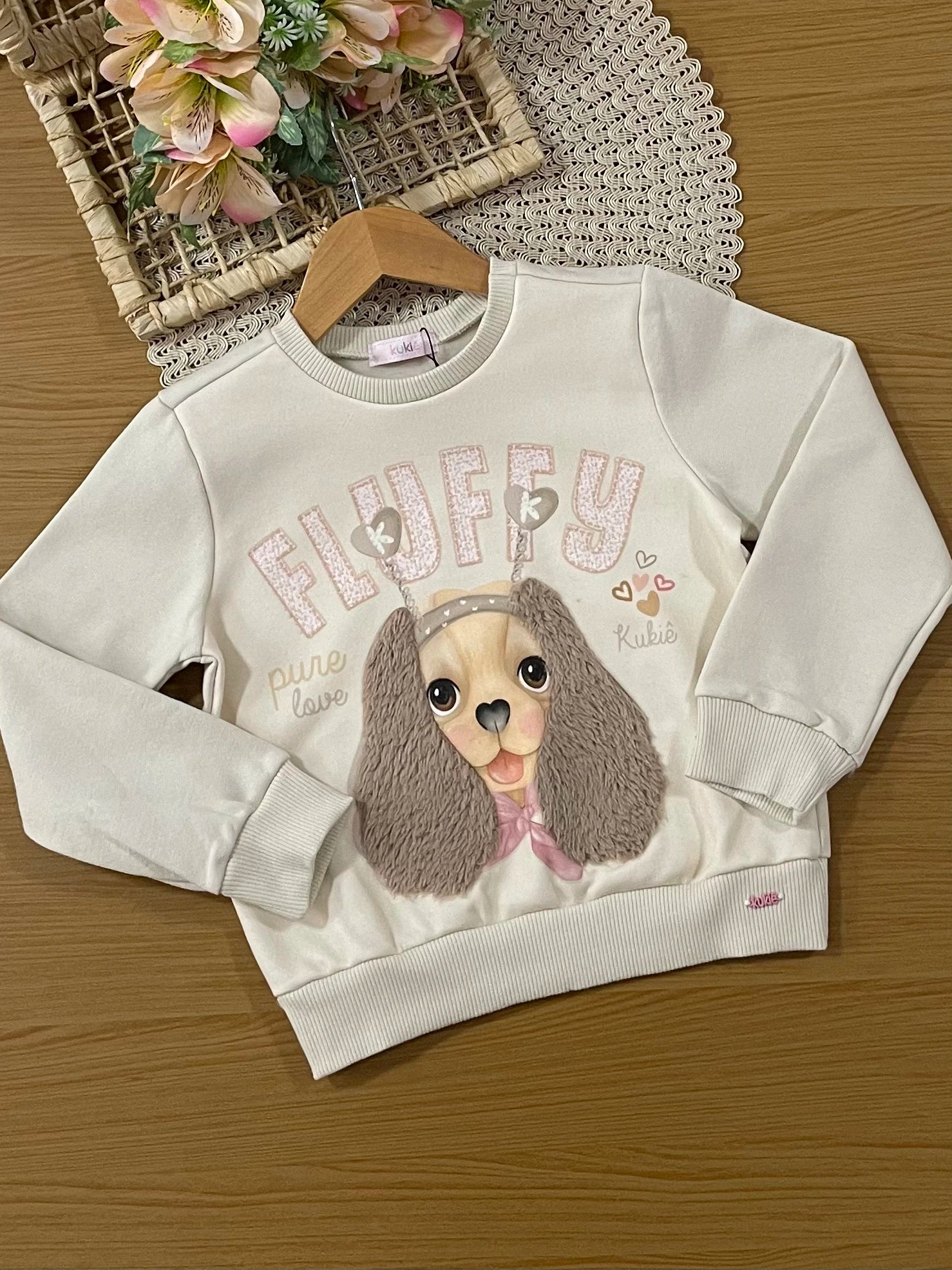 Conjunto Infantil Kukiê Inverno com Calça Legging e Moletom Flanelado Bege Cachorrinha Fluffy