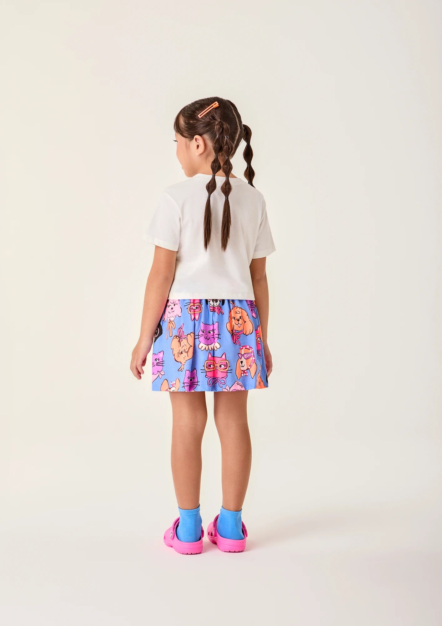 Conjunto Infantil Menina Bimbi com Saia Azul e Blusa Cachorrinha e Gatinha